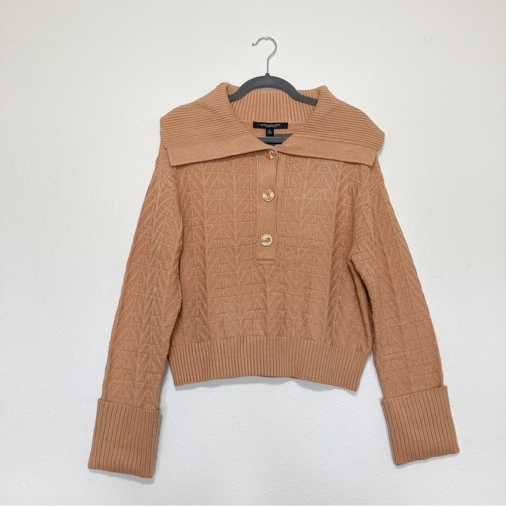 NWT Marc New York by Andrew Marc Open Neck Tan Knit Flap Collar Sweater